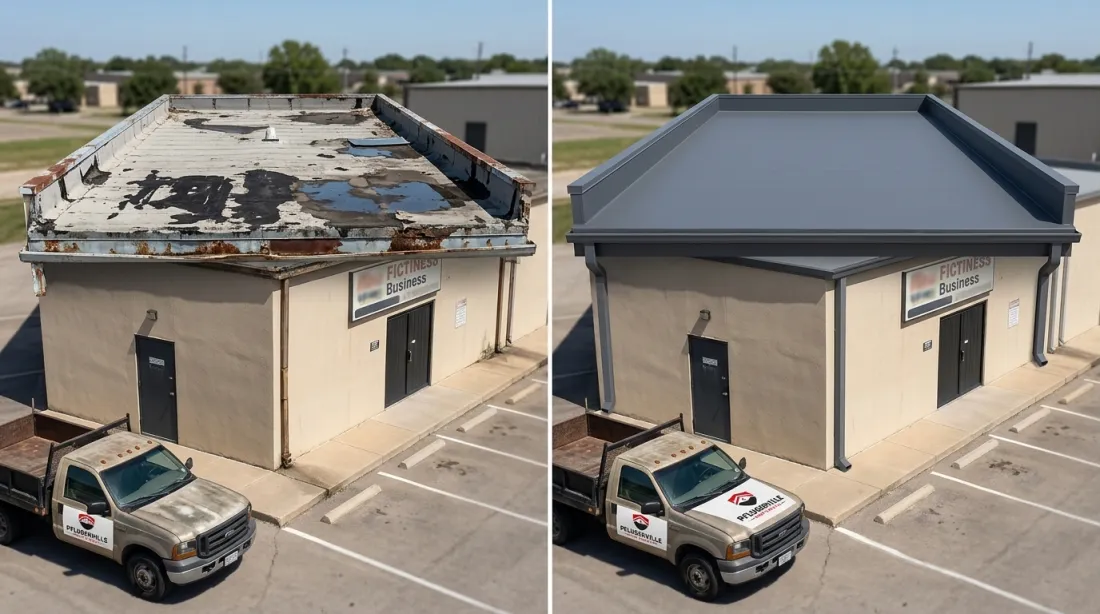 Before and after: worn commercial flat roof replaced with a new metal roof system