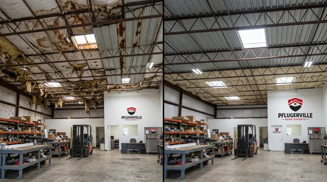 Before and after: warehouse roof deck repaired with new skylight panels