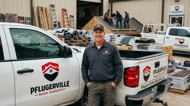 Pflugerville Roof Experts owner beside a branded work truck loaded with roofing materials