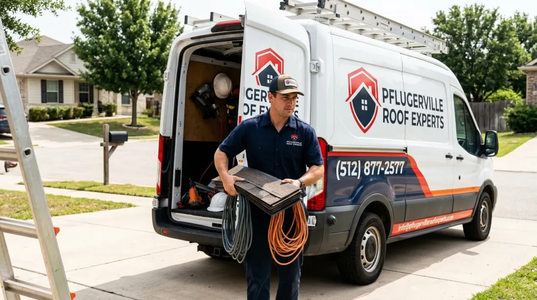 Roofing technician unloading materials from a Pflugerville Roof Experts van